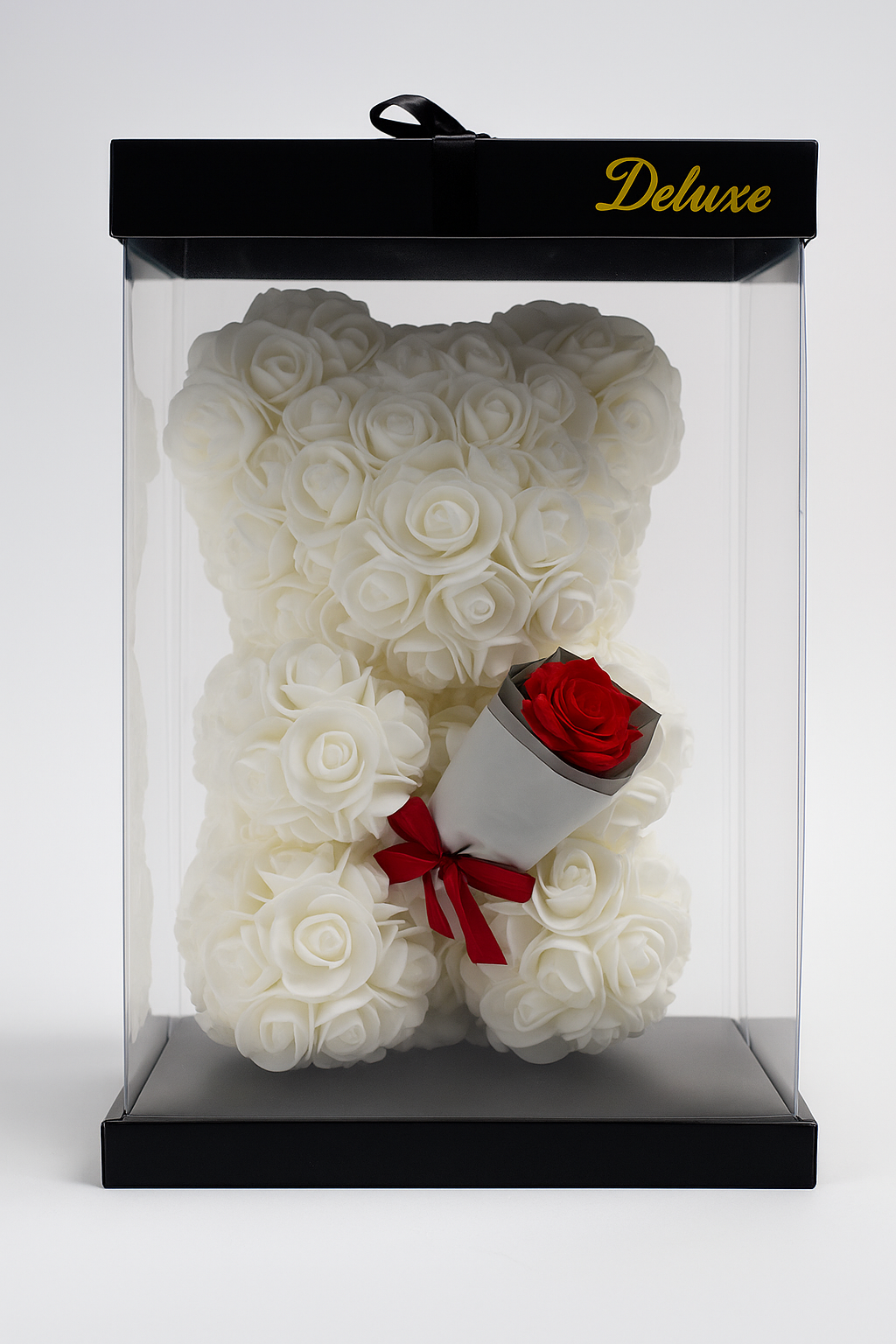 White Bear with Red Rose Bouquet