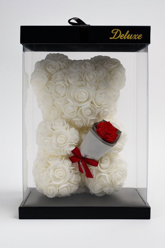White Bear with Red Rose Bouquet